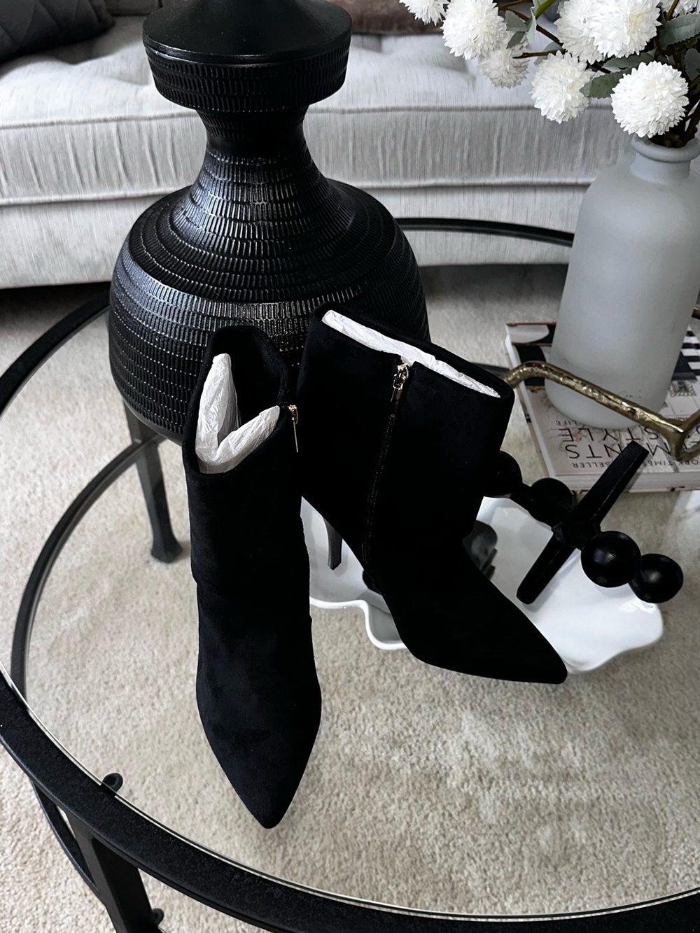 INC International Concepts Black Pointed-Toe Suede Ankle Boots